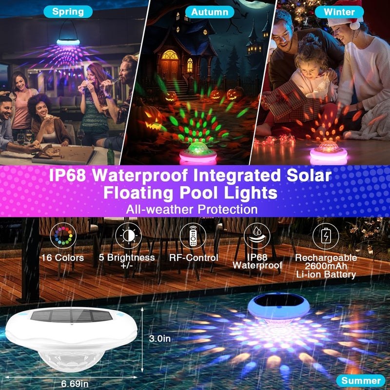 BOXPSII Solar Floating Pool Lights, Rechargeable Pool Lights That Float with Remote, 6.7'' 2600mAh IP68 Waterproof Floating Light 13 Colors Upper and Lower Glow Solar Light for Pools 2 Pack - Image 2